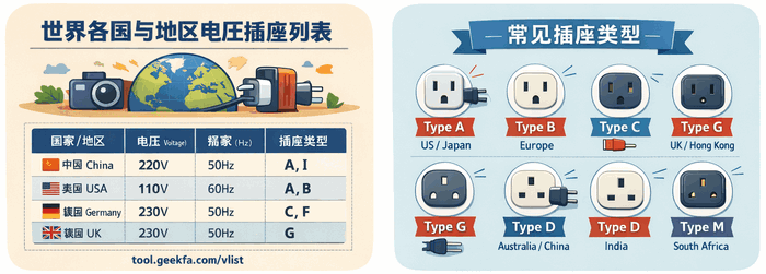 世界各国与地区电压插座列表在线查询方法(出国必备)