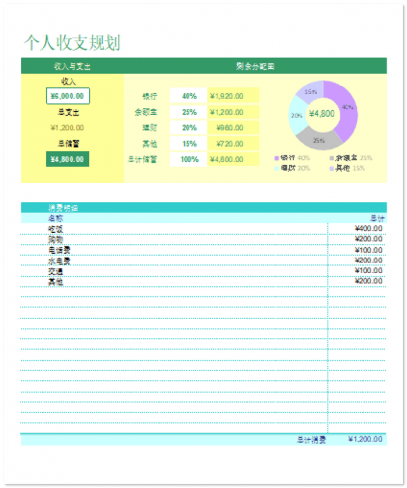 漂亮的EXCEL个人收支规划表